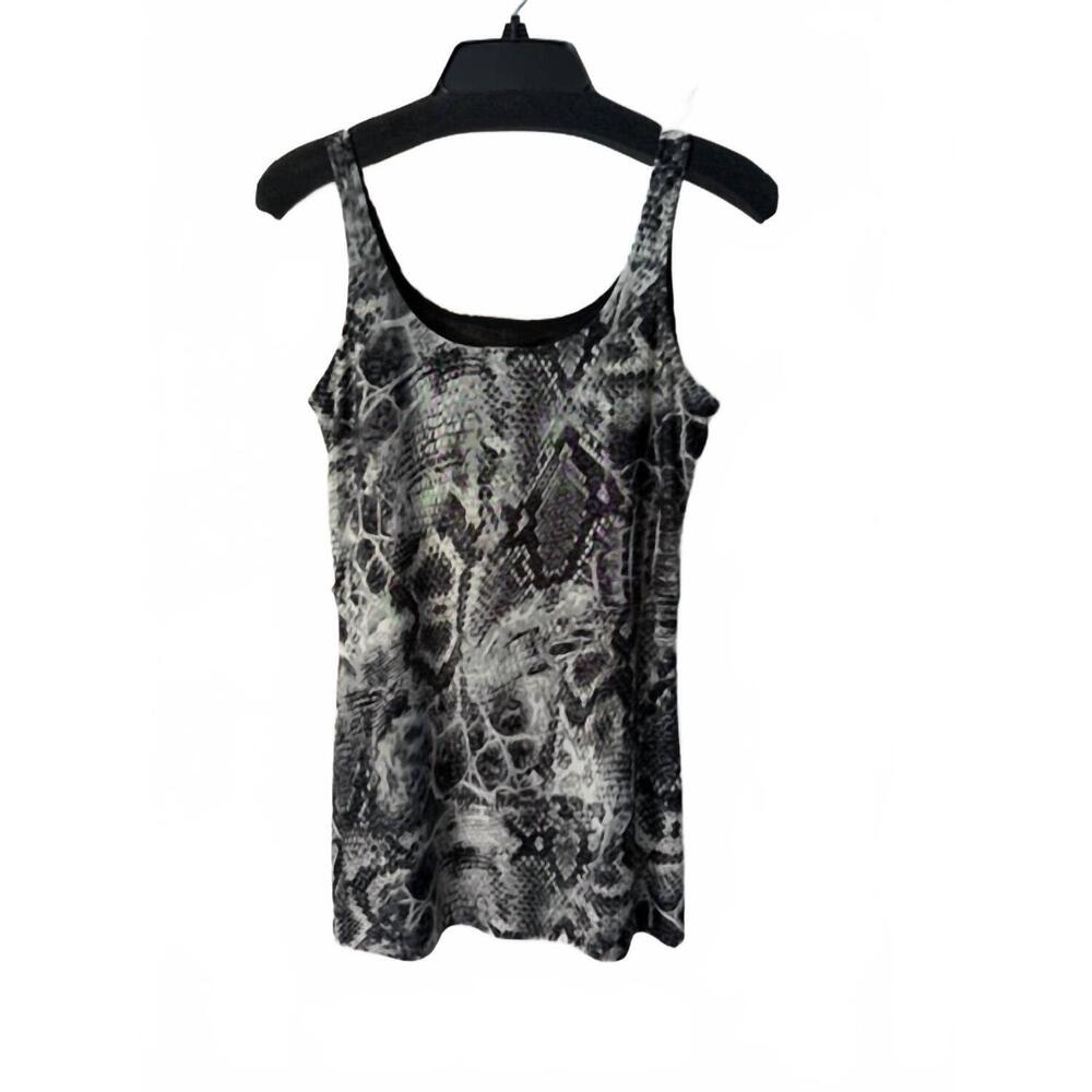 NEW LINDA SEGAL women's skin print top with scarf in black and white metallic